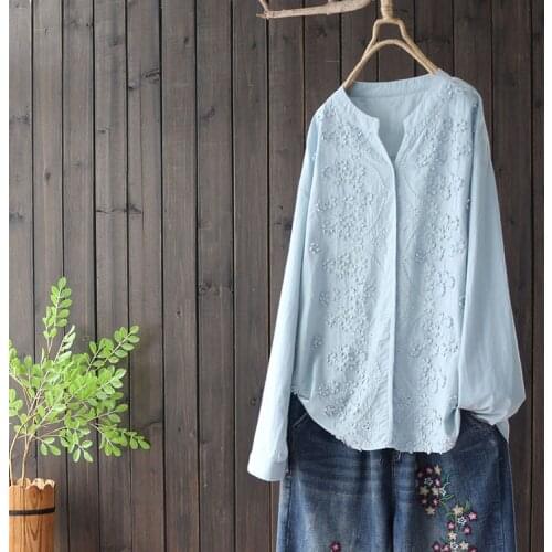 Surface flower embroidery v-neck long sleeve cotton shirt blouse autumn mori girl