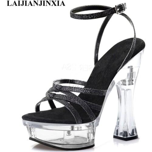 New Flash Powder Bling Narrow Band Open Toe Womens Sandals 14 Cm Super High Heeled Shoes Stage Show Party Dress Shoes