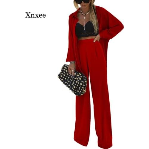 2021 Casual Shirt Trousers Suit Spring Women Long Sleeve Two Piece Set Autumn Femme Elegant Solid Long Pant Coat Outfits Clothes