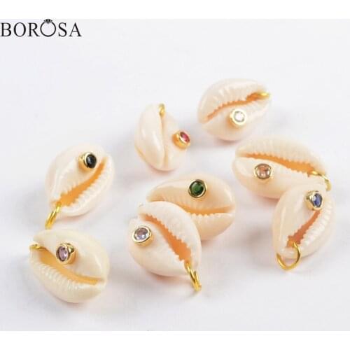 BOROSA 10PCS Natural Cowrie Shell With 4mm Round Gold Color Rainbow Zircon Charm Pendant for Necklace for Earrings Jewelry G1800