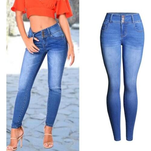 2021 Plus Size Female Denim Pants Woman Stretch Bottoms Slim Buttocks Multi-button Jeans For Ladies