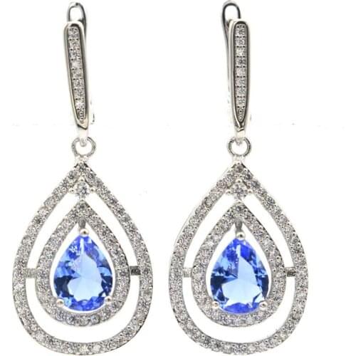 40x24mm Lovely Silver Earrings For Women Created Blue Aquamarine London Blue Topaz For Women Silver Earrings