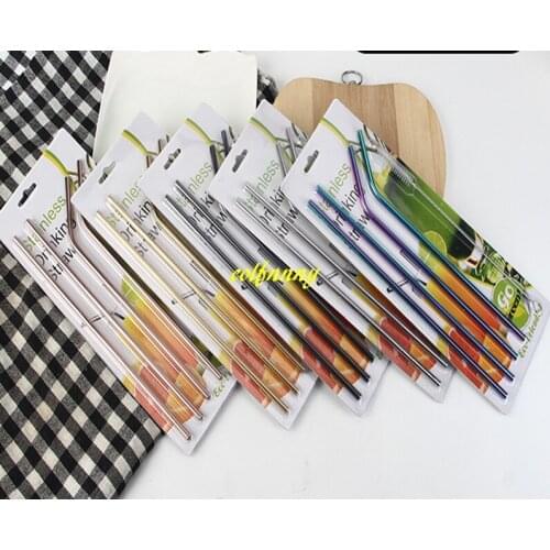 500sets 6*215mm Colorful 304 Stainless Steel Straws Bent & straight Drinking Straw (4pcs straw +1pcs brush) With retail package