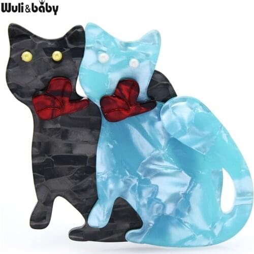 Wuli&baby Acrylic Friends Cat Brooches For Women Designer 2-color Double Cats Pets Animal Party Office Brooch Pin Gifts