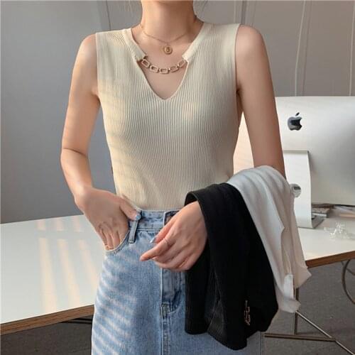AOSSVIAO White Tank Tops Women Summer 2021 Casual V Neck Vest Candy Colors Knitted Y2K E Girl Sexy Tank Top Black Beige