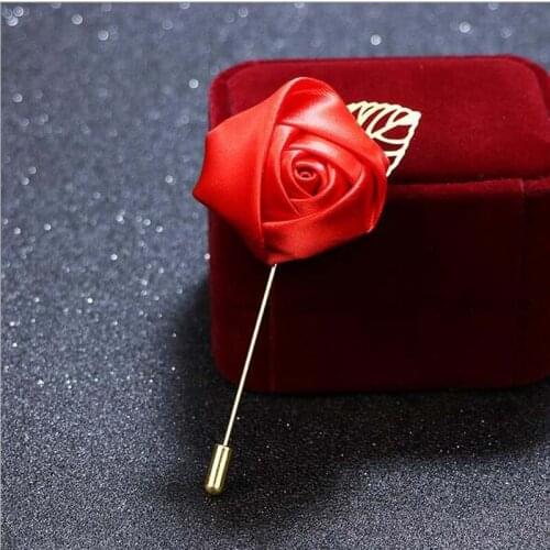 10Pcs/Lot Best Man Groom Boutonniere Red Silk Satin Rose Flower men buttonhole Wedding Party Prom Man Suit Corsage Pin Brooch