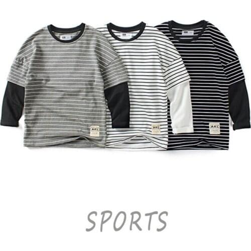Kids Clothing Shirts Cotton Striped Long Sleeve Stitching Fake Two Pieces Tops For Boys Big Boy Shirts Casual Children Shirts T