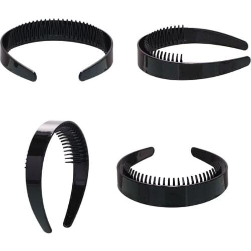 Women Girls 2.5cm Wide Plain Headband with Non-Slip Teeth Comb Shiny Black Plastic Hair Hoop DIY Styling Makeup Headwear My11 21