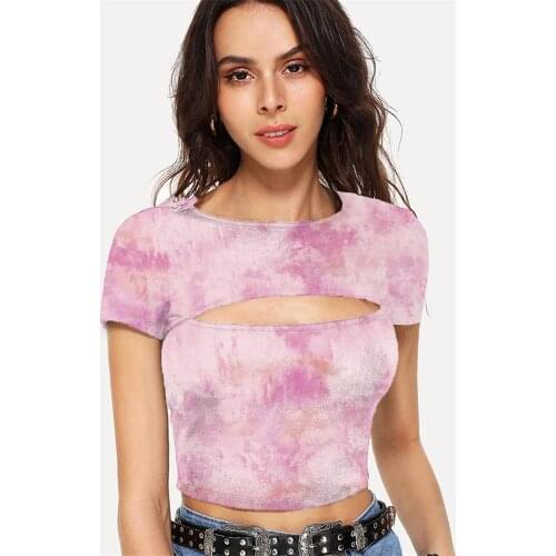 Somepet Tie Dye T shirt Women Colorful Tshirts Casual Dizziness Navel Bare Harajuku Hollow Out T shirts Short Sleeve Summer