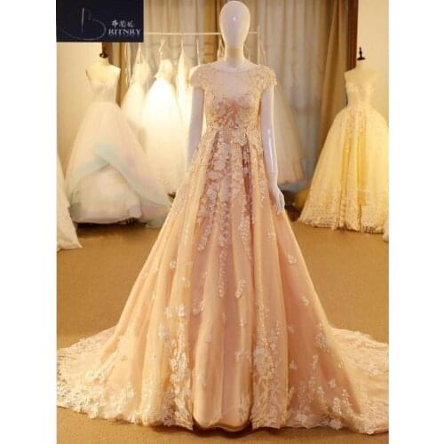 Hot Sale Champagne Off The Shoulder Tulle Wedding Dress 2018 Scoop A Line Appliques robe de mariee Backless Sexy Bride Dress