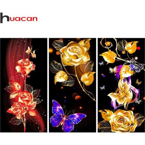 Huacan Diy Diamond Painting Rose Flower Diamond Art Embroidery Mosaic Colorful Gold Floral Butterfly Crystal House Decoration