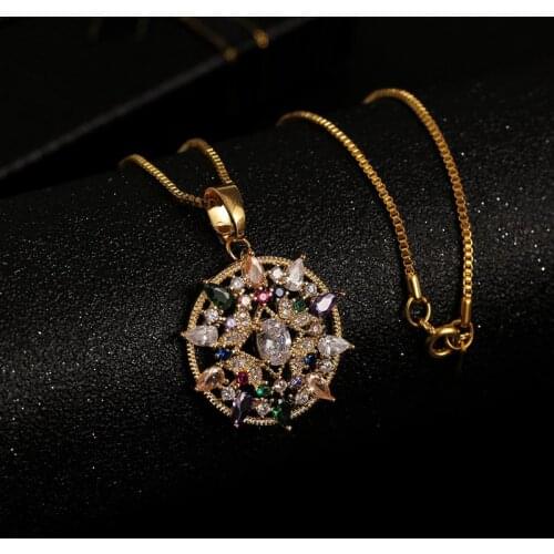2020 High Quality Classic Round Multicolor Cubic Zirconia Necklace Pendant Womens Fashion Copper Chain Gold Color Necklace Gift