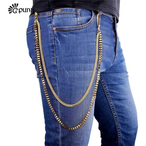 Mens Jeans pants chain Double-layer Hip-hop Personality Belt waist chain Box & cuban chain Gold color mens accessories B3G
