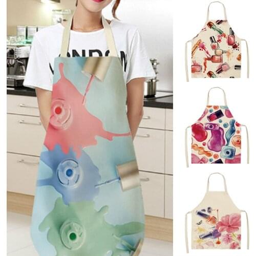 New Linen Apron Colorful Nail Polish Cosmetics Theme Print Kitchen Aprons Unisex Dinner Party Cooking Bib Funny Cleaning Apron