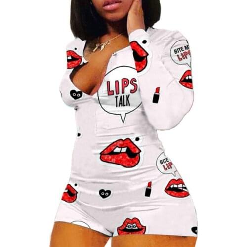 Autumn Winter Womens Sexy Deep V Neck Romper Casual Long Sleeve Bodycon Printed Pajama Sleepwear Clubwear