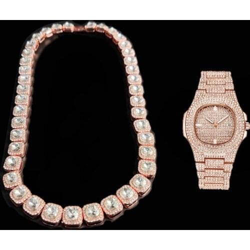 2pcs Kit 12.5MM Prong Micro Zircon Alloy Hip Hop Pave Cubic Bling Tennis Chain Necklace +Watch+Bracelet For Men Women Jewelry
