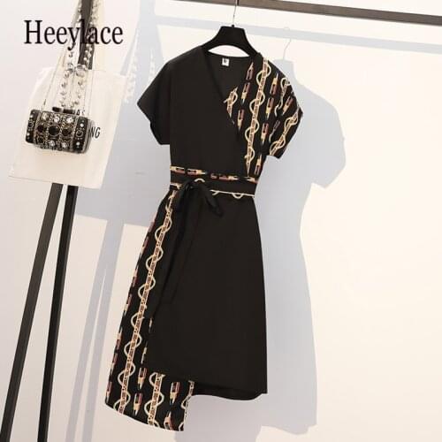 Dress Women Plus Size Summer 2021 New Retro Round Collar Short Slleeves Print Stitching Elegant Female Chiffon Midi Dresses