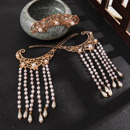 Retro Pearl Tassel Hairpins Set with Crown Chinese Style Cute Vintage Headdress Hanfu Clothing Accessories for Girls ML
