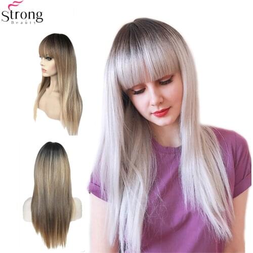 StrongBeauty Womens Synthetic Wigs Hair Matte Ombre Long Straight Neat Bang Style Natura Wig Blonde