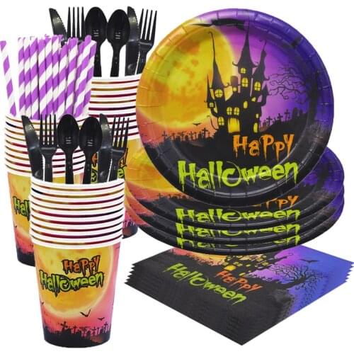 Happy Halloween Party Supplies Disposable Tableware Horror Theme Paper Plates Cups Straws Trick or Treat Toys Home Decorations