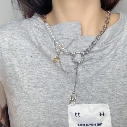 U-Magical Exaggerated Paper Clip Chunky Chain Imitation Pearl Pendant Necklace for Women Asymmetry Circle Necklace Jewelry