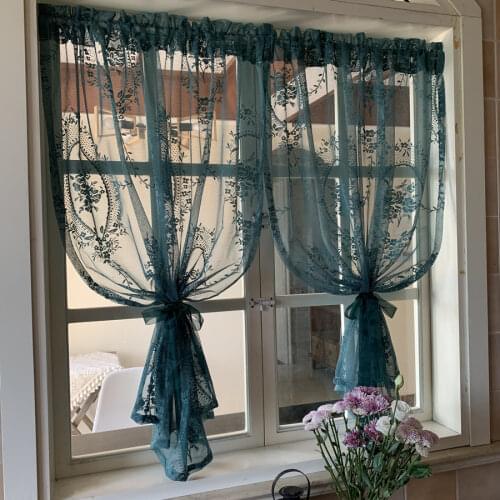 French Retro Green Sheer Curtains for Living Room Solid Short Tulle Curtain for Kitchen Bathroom Cupboard Drapes Window Valance