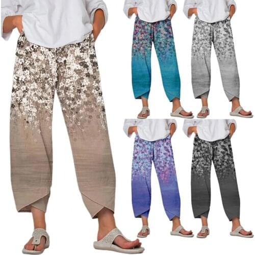 2021 Womens Pants Casual Solid Color Flower Print Sweatpants Loose Women Wide Leg Pocket Ninth-Length Harem Pants Streetwear