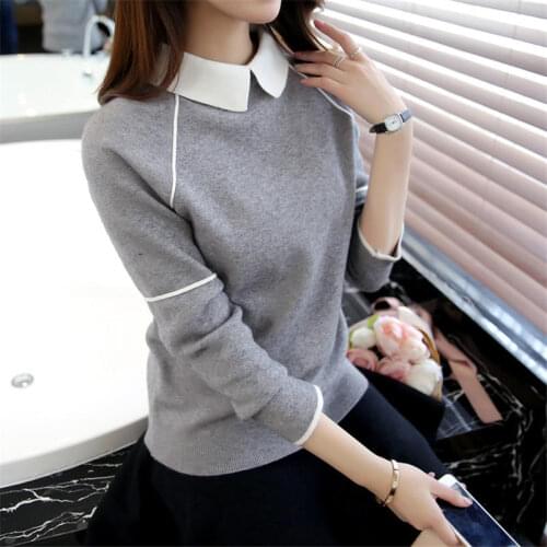 High Quality 2020 New Doll Collar Sweater Women Contrast Color Patchwork Pullover Long Sleeve Fashion Bottoming Sweaters Jumper