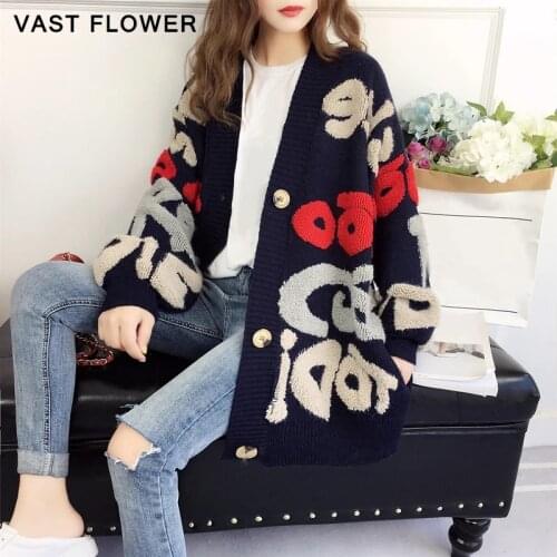 Letter Pattern Knitted Sweater Women Winter New Korean Oversized Long Sleeve Single Breasted Thick Fashion Loose Cardigan 2020