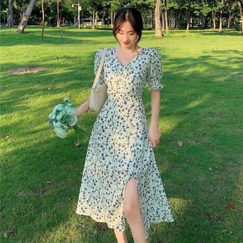 2021 News Popular Dress Womens Wear Flower V-Neck Student Clothes Short Sleeve Split Summer Skirt Sweet Girl Dress Lady Fashion