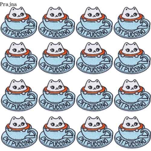 Prajna 10PCS Catpuccino Embroidered Patches For Clothing Iron On Patches Cartoon Patches For Clothes Applique Stripes Cute Badge
