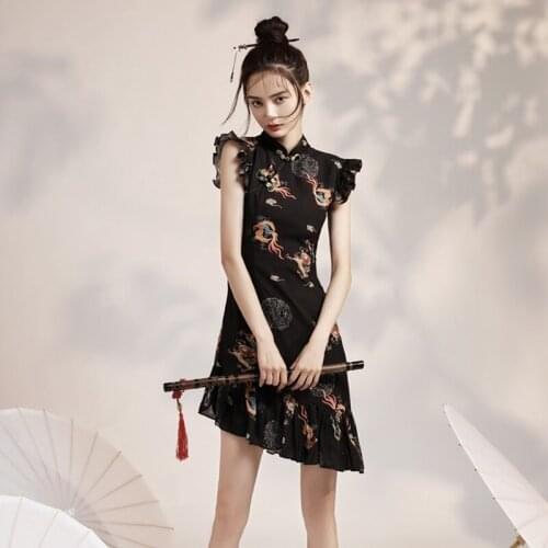 Black Chinese Style Dress Cheongsam Frilled Edges Sleeveless Mermaid Dresses For Women Young Girls Qipao Oriental Dress 11314