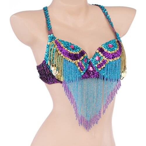 Colored Beads Women Clothes Professional Oriental Dance Beaded Sequins Top Belly Dance Bra Cup C-D