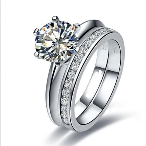 Classic Set Rings 6 Prongs 2Ct Round Cut Diamond Ring Set for Her Solid 925 Sterling Silver Engagement Ring White Gold Color