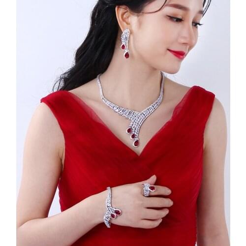 Luxury 4pcs wedding party jewelry sets Big red water drop crystal Necklace+Bracelet+earrings+ring Large jewellery set for bridal