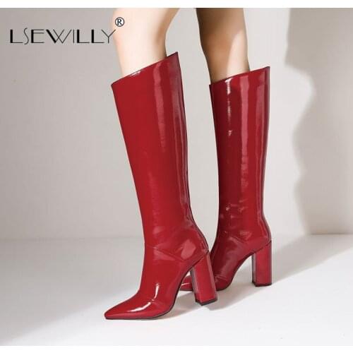 Lsewilly 2021 Women Knee High Boots Pointed Toe Square High Heel Ladies Calf Boots Patent Leather Slip on Womens Boots Black