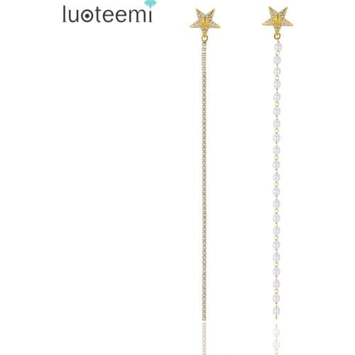 LUOTEEMI Romantic Small Star With Long Plastic Pearls Beaded and Crystal Chain Dangle Earrings For Women Girls Fashion Earrings