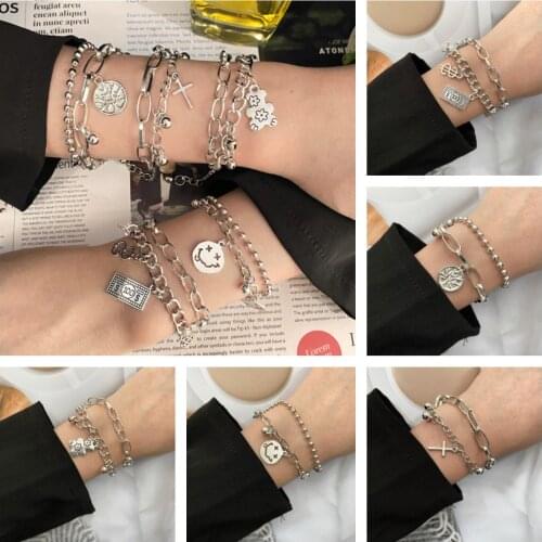 Multi-layer Chain Bracelets Set for Women men silver color bear smile cross geometric Chain Bracelet Women Wholesale