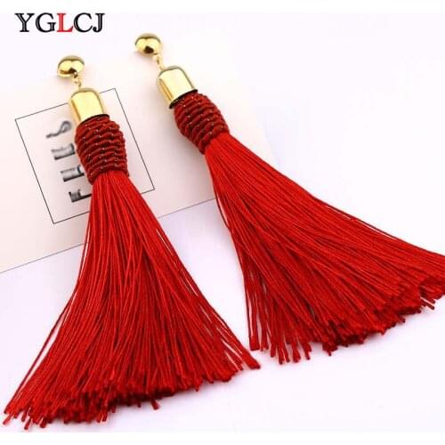 Fashion Bohemian Alloy Fringe Womens Earrings Black Brown Blue Red Silk Fabric Long Fringe Earrings Womens Jewelry