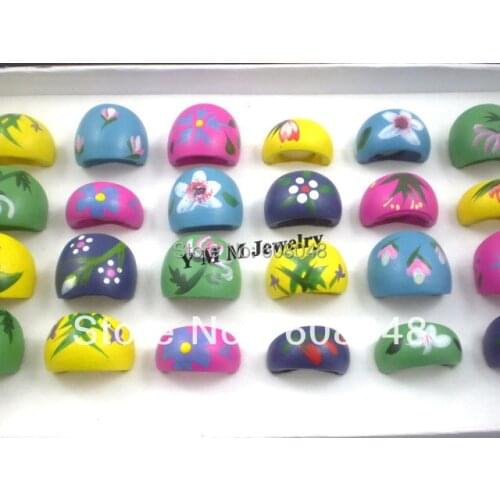 Fashion Chinese Style Exaggerated Wood Rings Painted Flower Rings Mix Color Mix Size 50pcs Wholesale Free Shipping