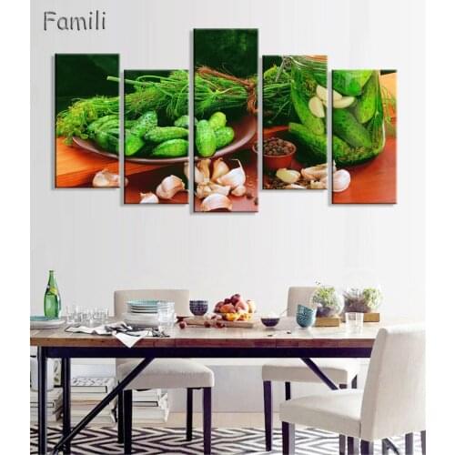 5 Picture Combination Wall Art Table Top Full Of Fresh Vegetables Fruit And Other Healthy Foods On Canvas For Home Decoration