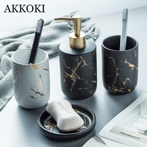 Three Four Piece Marble Ceramic Bathroom Toilet Accessories Sets Luxury Toothbrush Box Mouthwash Cup Soap Dish Shampoo Dispenser