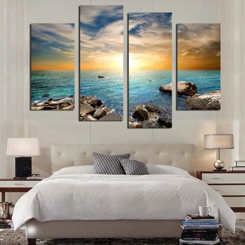 Living Room Wall Art Pictures HD Printed Home Decoration 4 Panel Sea Sunrise Landscape Modern Painting On Canvas Posters Frame
