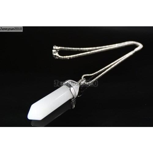 Natural White Ja-de Gems Stones Hexagonal Pointed Healing Reiki Chakra Pendant Beads Silver 17'' Chain Necklace 5 Sets/Pack