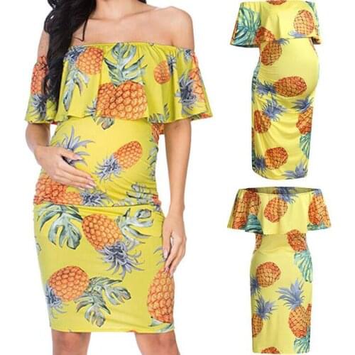 New Arrival Fashion Ruffles Shoulderless Dress Yellow Pineapple Design Maternity Clothes For Pregnant Women Womens Clothing