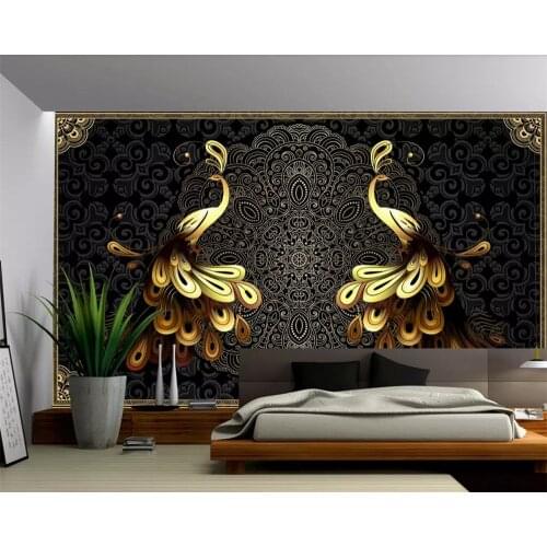 Beibehang Custom wallpaper 3d large mural wallpaper luxury European black gold peacock background wall living room 3d wallpaper