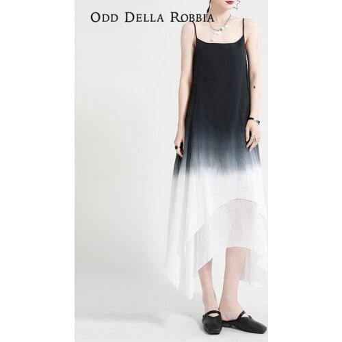 OddDellaRobbia Summer New Chinese Style Ink Painting Blooming Gradient Double Layer Cotton Linen Sling Skirt Dress Women 2029