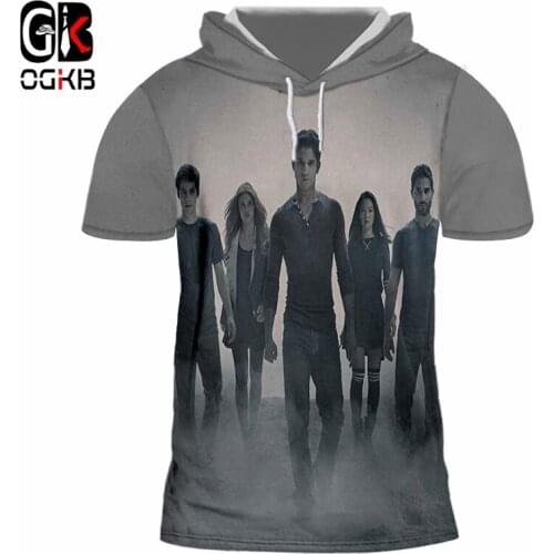OGKB Summer Top Mens Funny Tshirt With Hood Printed Action Figure teen wolf 3d Cap T-shirt Hiphop Punk Short Sleeve Hoody 7xl