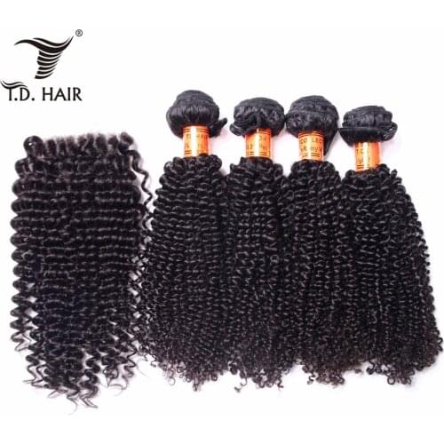 Tdhair Peruvian Kinky Curly Bundles With Closure Human Hair Bundles With 4*4 Closure Remy Hair 5PCS/Lot 10-28 inch