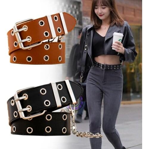 Women PU Leather Punk Belt for Jeans Female Punk Fashion Trousers Pin Buckle Black Willow Nail Waist Full Grommet Belts
